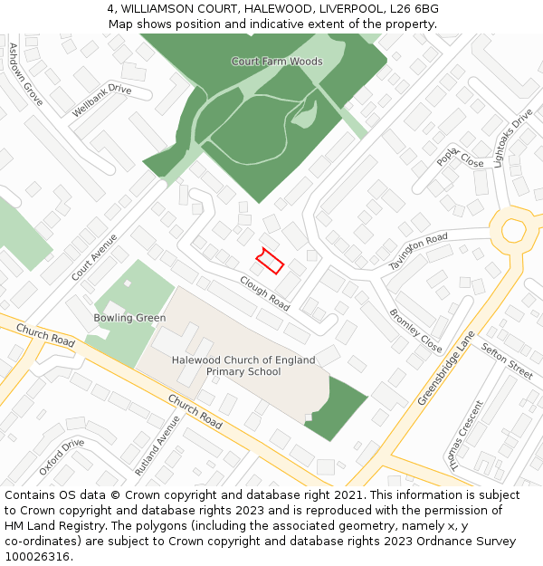 4, WILLIAMSON COURT, HALEWOOD, LIVERPOOL, L26 6BG: Location map and indicative extent of plot