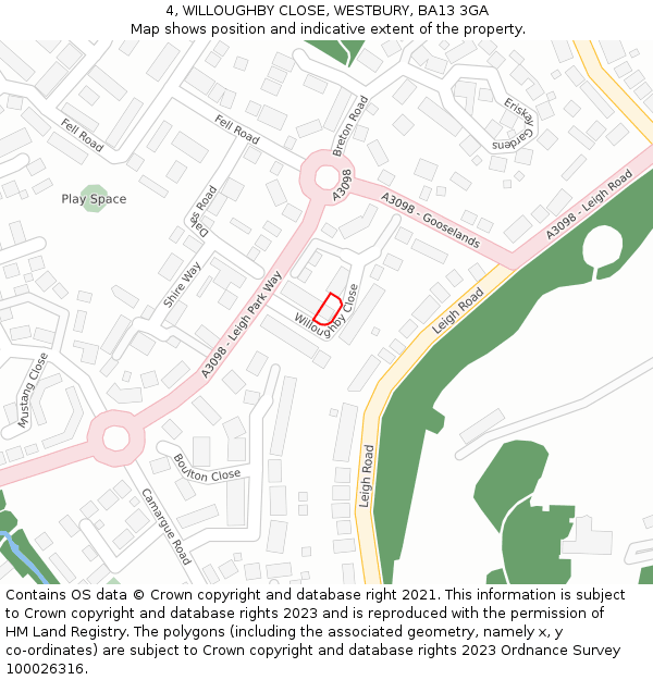 4, WILLOUGHBY CLOSE, WESTBURY, BA13 3GA: Location map and indicative extent of plot