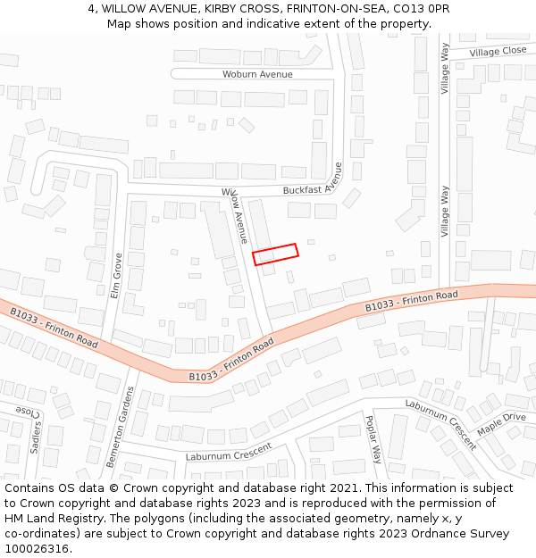 4, WILLOW AVENUE, KIRBY CROSS, FRINTON-ON-SEA, CO13 0PR: Location map and indicative extent of plot