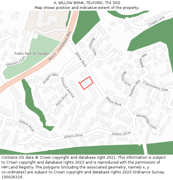4, WILLOW BANK, TELFORD, TF4 3SG: Location map and indicative extent of plot