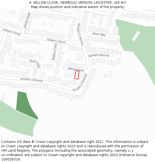 4, WILLOW CLOSE, NEWBOLD VERDON, LEICESTER, LE9 9LY: Location map and indicative extent of plot