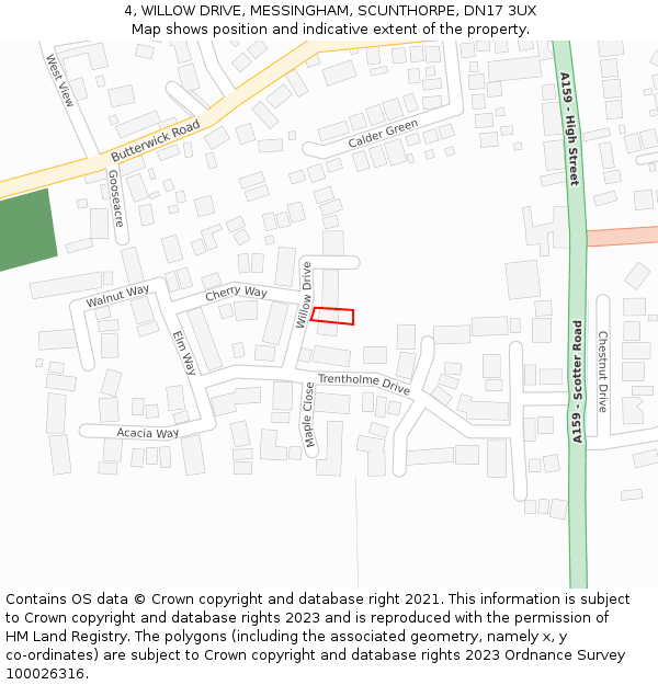 4, WILLOW DRIVE, MESSINGHAM, SCUNTHORPE, DN17 3UX: Location map and indicative extent of plot