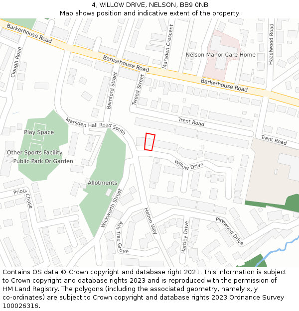 4, WILLOW DRIVE, NELSON, BB9 0NB: Location map and indicative extent of plot