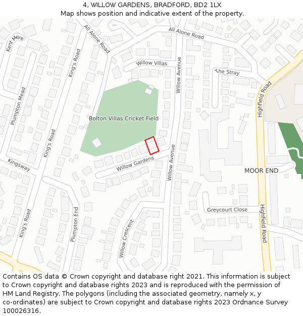 4, WILLOW GARDENS, BRADFORD, BD2 1LX: Location map and indicative extent of plot