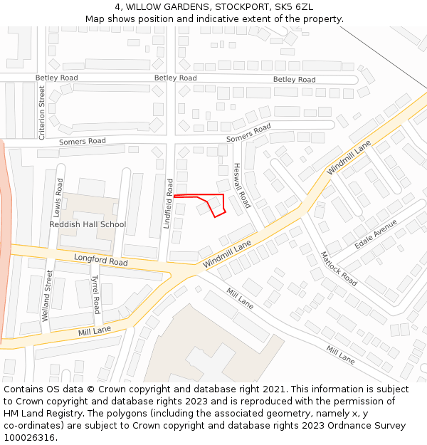 4, WILLOW GARDENS, STOCKPORT, SK5 6ZL: Location map and indicative extent of plot