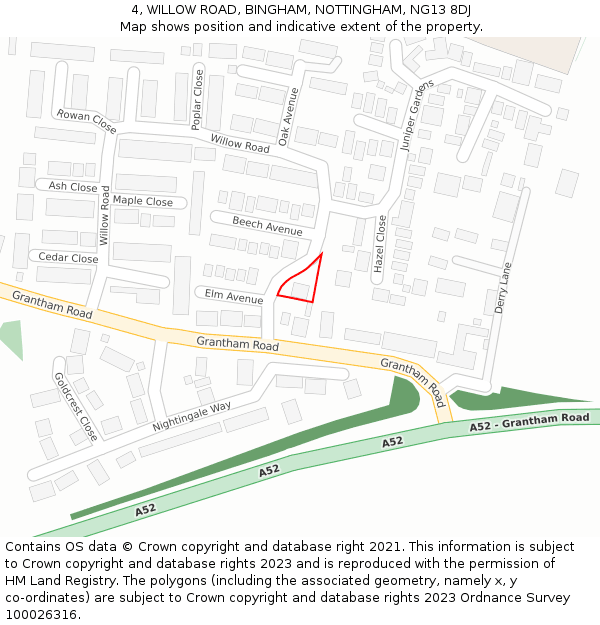 4, WILLOW ROAD, BINGHAM, NOTTINGHAM, NG13 8DJ: Location map and indicative extent of plot