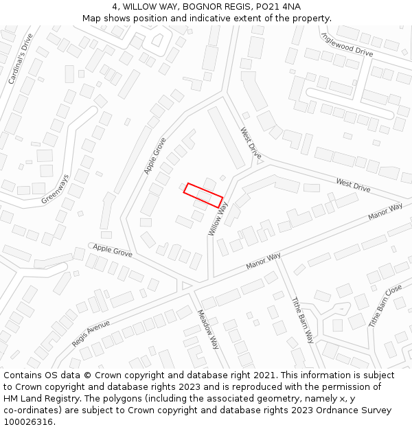 4, WILLOW WAY, BOGNOR REGIS, PO21 4NA: Location map and indicative extent of plot