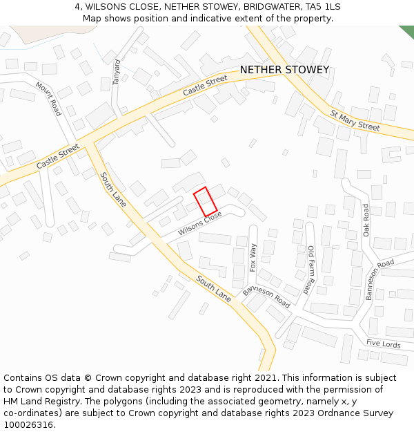 4, WILSONS CLOSE, NETHER STOWEY, BRIDGWATER, TA5 1LS: Location map and indicative extent of plot