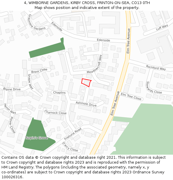 4, WIMBORNE GARDENS, KIRBY CROSS, FRINTON-ON-SEA, CO13 0TH: Location map and indicative extent of plot