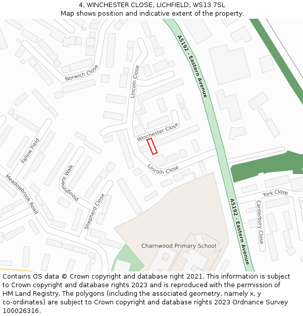 4, WINCHESTER CLOSE, LICHFIELD, WS13 7SL: Location map and indicative extent of plot