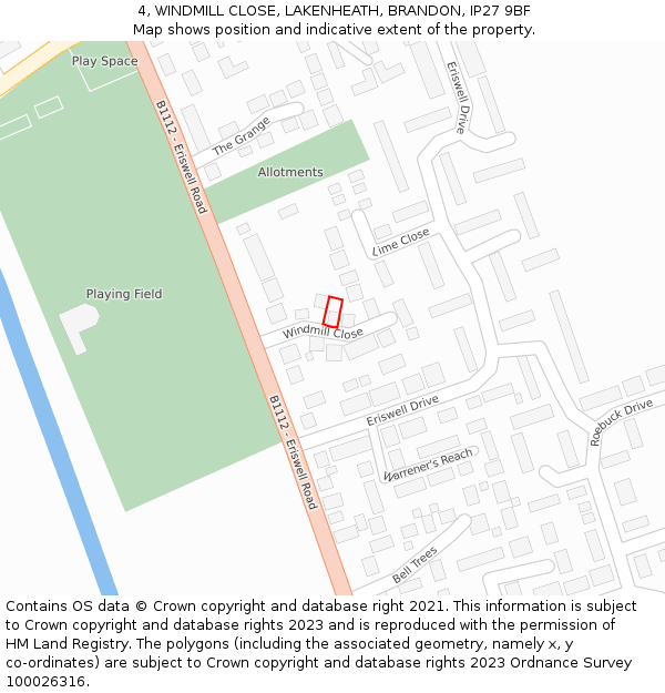 4, WINDMILL CLOSE, LAKENHEATH, BRANDON, IP27 9BF: Location map and indicative extent of plot