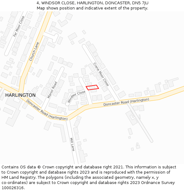 4, WINDSOR CLOSE, HARLINGTON, DONCASTER, DN5 7JU: Location map and indicative extent of plot