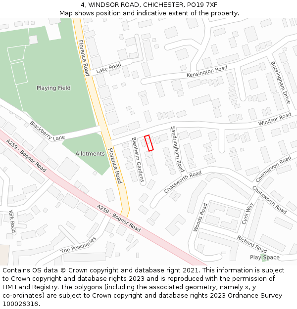 4, WINDSOR ROAD, CHICHESTER, PO19 7XF: Location map and indicative extent of plot