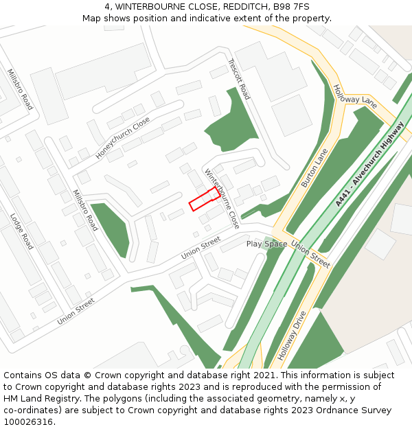 4, WINTERBOURNE CLOSE, REDDITCH, B98 7FS: Location map and indicative extent of plot