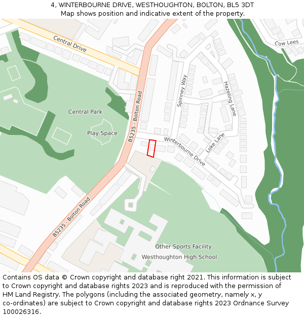 4, WINTERBOURNE DRIVE, WESTHOUGHTON, BOLTON, BL5 3DT: Location map and indicative extent of plot