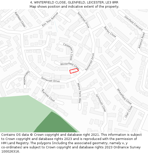 4, WINTERFIELD CLOSE, GLENFIELD, LEICESTER, LE3 8RR: Location map and indicative extent of plot