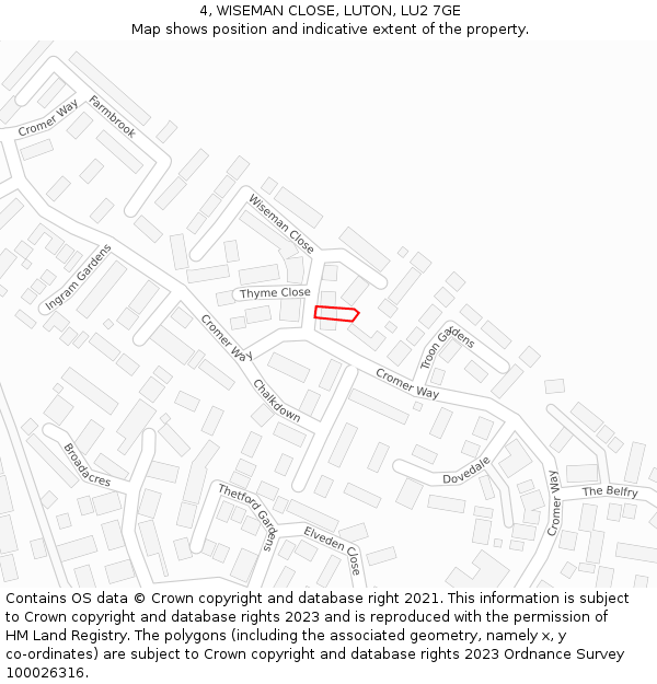 4, WISEMAN CLOSE, LUTON, LU2 7GE: Location map and indicative extent of plot