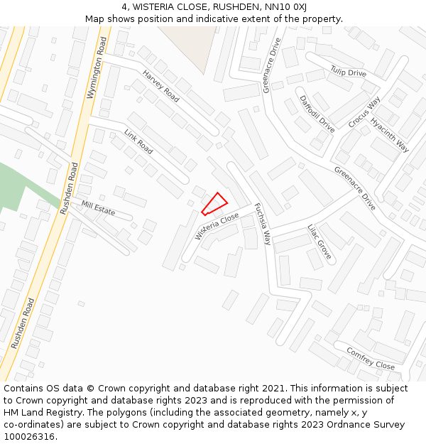 4, WISTERIA CLOSE, RUSHDEN, NN10 0XJ: Location map and indicative extent of plot