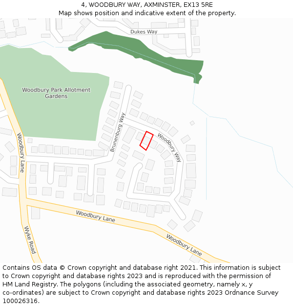 4, WOODBURY WAY, AXMINSTER, EX13 5RE: Location map and indicative extent of plot