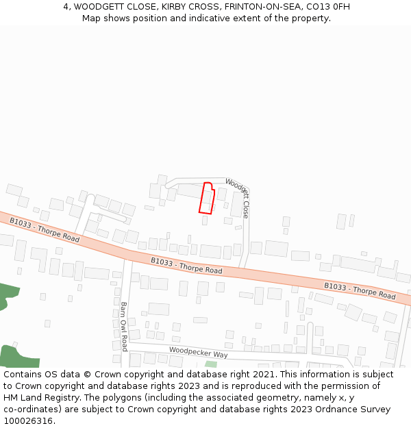 4, WOODGETT CLOSE, KIRBY CROSS, FRINTON-ON-SEA, CO13 0FH: Location map and indicative extent of plot