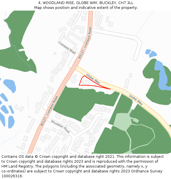 4, WOODLAND RISE, GLOBE WAY, BUCKLEY, CH7 3LL: Location map and indicative extent of plot