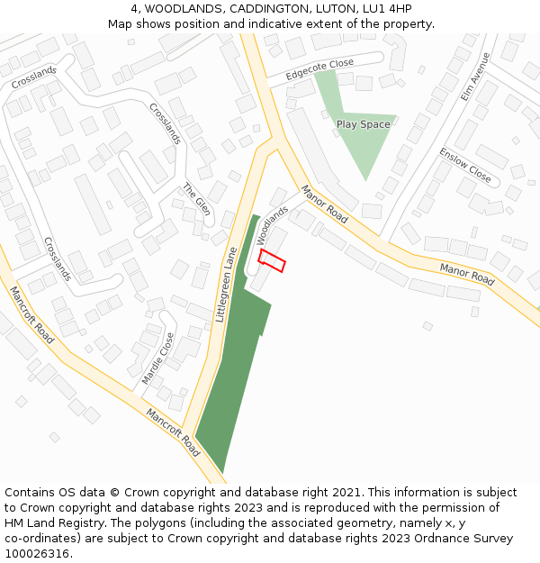 4, WOODLANDS, CADDINGTON, LUTON, LU1 4HP: Location map and indicative extent of plot