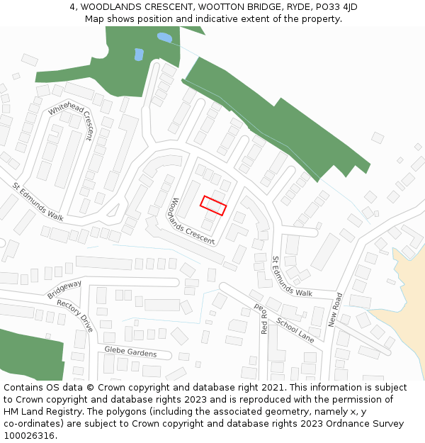 4, WOODLANDS CRESCENT, WOOTTON BRIDGE, RYDE, PO33 4JD: Location map and indicative extent of plot