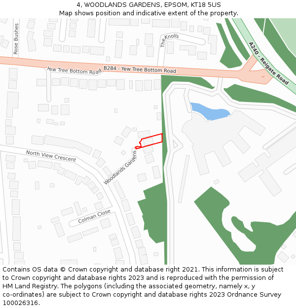 4, WOODLANDS GARDENS, EPSOM, KT18 5US: Location map and indicative extent of plot