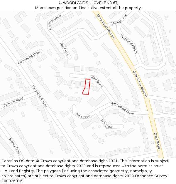 4, WOODLANDS, HOVE, BN3 6TJ: Location map and indicative extent of plot