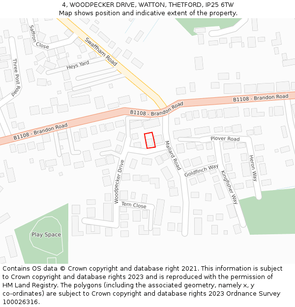 4, WOODPECKER DRIVE, WATTON, THETFORD, IP25 6TW: Location map and indicative extent of plot