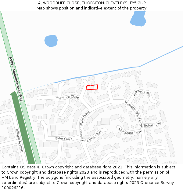 4, WOODRUFF CLOSE, THORNTON-CLEVELEYS, FY5 2UP: Location map and indicative extent of plot