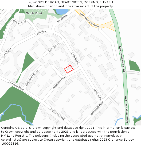4, WOODSIDE ROAD, BEARE GREEN, DORKING, RH5 4RH: Location map and indicative extent of plot