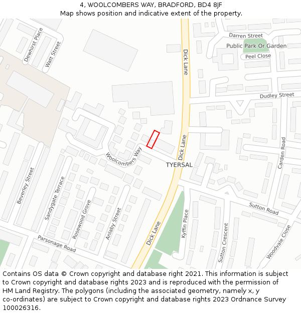 4, WOOLCOMBERS WAY, BRADFORD, BD4 8JF: Location map and indicative extent of plot