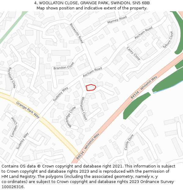 4, WOOLLATON CLOSE, GRANGE PARK, SWINDON, SN5 6BB: Location map and indicative extent of plot