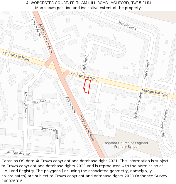 4, WORCESTER COURT, FELTHAM HILL ROAD, ASHFORD, TW15 1HN: Location map and indicative extent of plot
