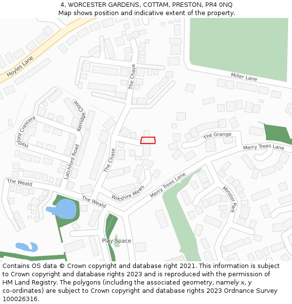4, WORCESTER GARDENS, COTTAM, PRESTON, PR4 0NQ: Location map and indicative extent of plot