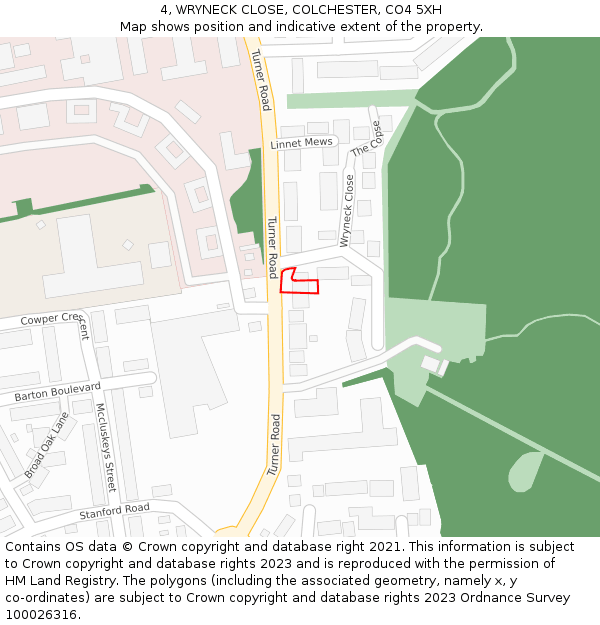 4, WRYNECK CLOSE, COLCHESTER, CO4 5XH: Location map and indicative extent of plot