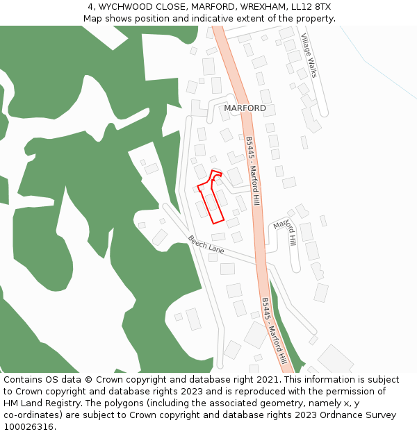 4, WYCHWOOD CLOSE, MARFORD, WREXHAM, LL12 8TX: Location map and indicative extent of plot