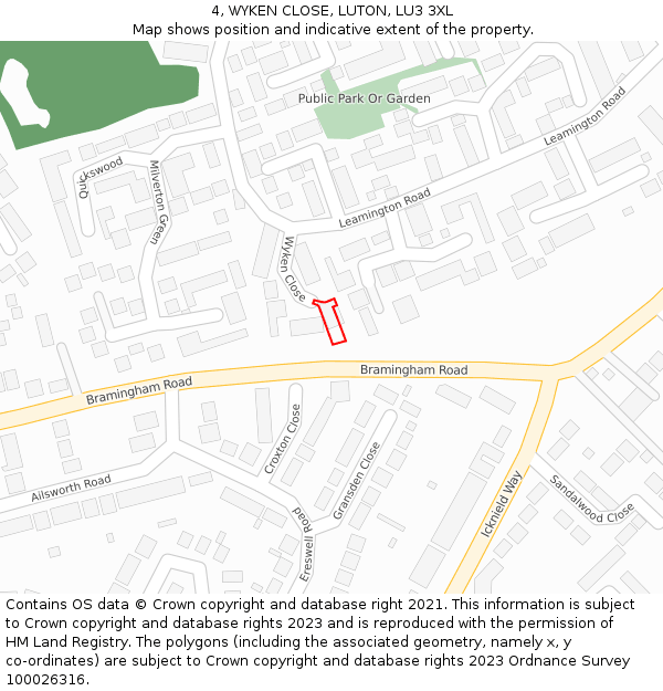 4, WYKEN CLOSE, LUTON, LU3 3XL: Location map and indicative extent of plot