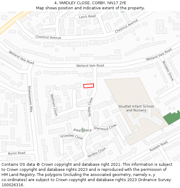 4, YARDLEY CLOSE, CORBY, NN17 2YE: Location map and indicative extent of plot