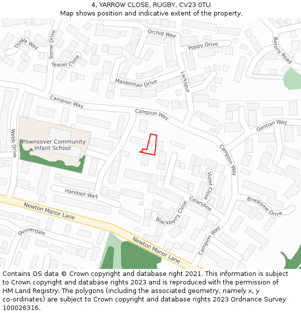 4, YARROW CLOSE, RUGBY, CV23 0TU: Location map and indicative extent of plot