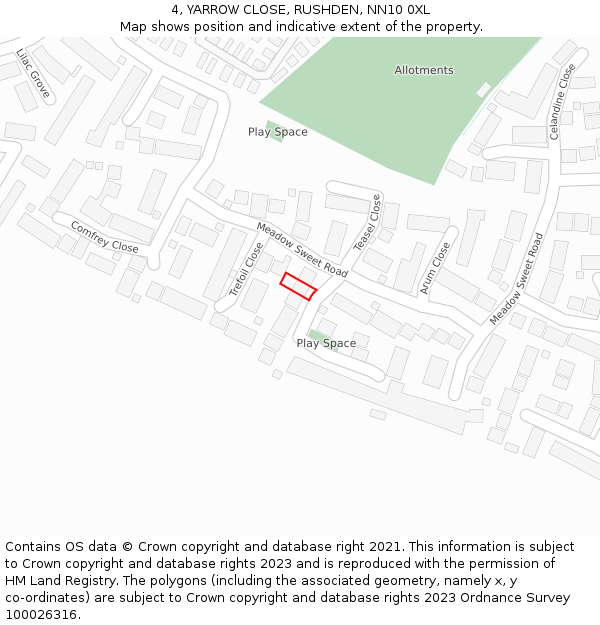4, YARROW CLOSE, RUSHDEN, NN10 0XL: Location map and indicative extent of plot