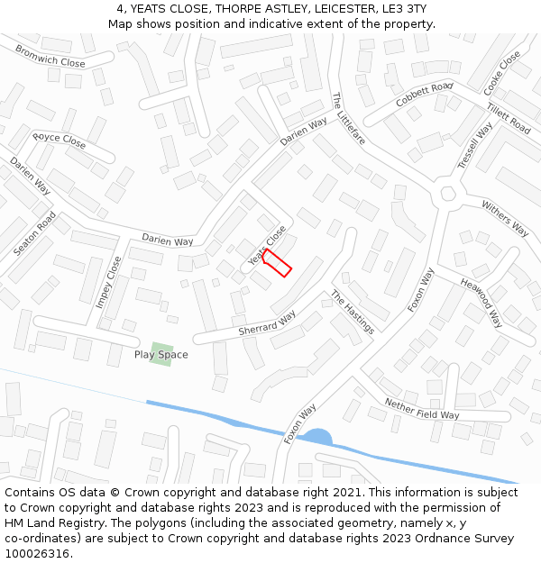 4, YEATS CLOSE, THORPE ASTLEY, LEICESTER, LE3 3TY: Location map and indicative extent of plot