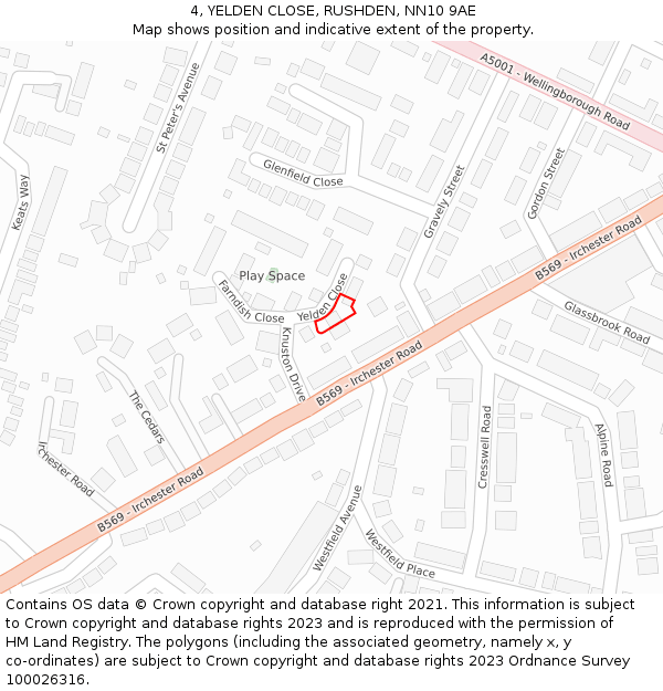 4, YELDEN CLOSE, RUSHDEN, NN10 9AE: Location map and indicative extent of plot