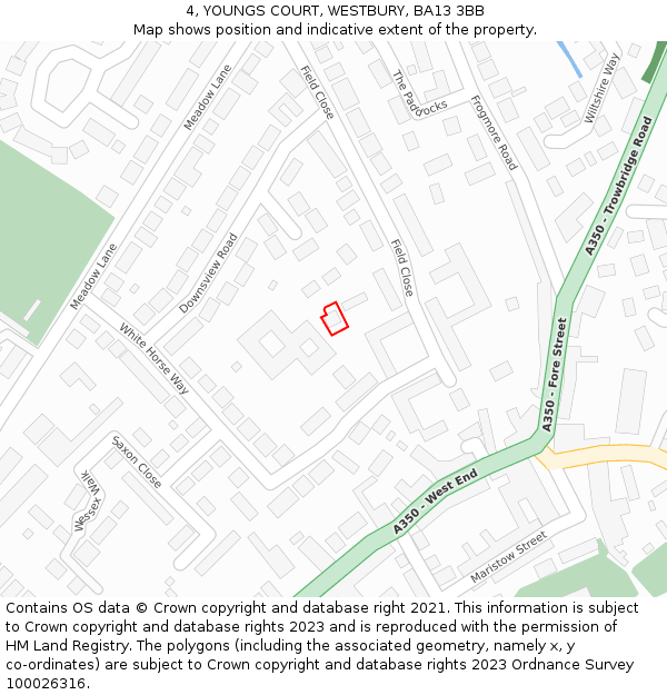 4, YOUNGS COURT, WESTBURY, BA13 3BB: Location map and indicative extent of plot