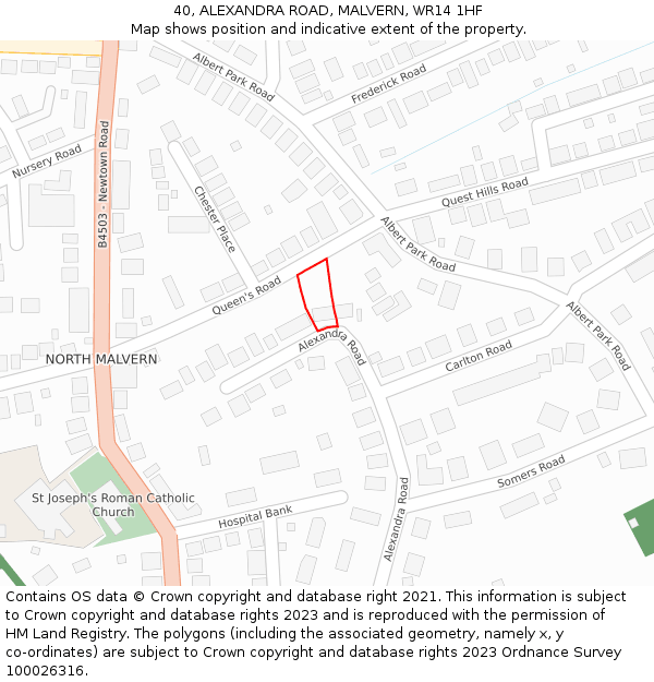 40, ALEXANDRA ROAD, MALVERN, WR14 1HF: Location map and indicative extent of plot