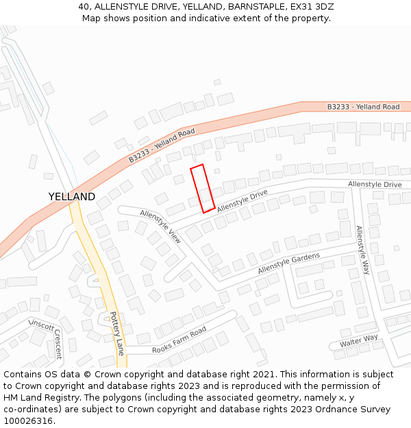 40, ALLENSTYLE DRIVE, YELLAND, BARNSTAPLE, EX31 3DZ: Location map and indicative extent of plot