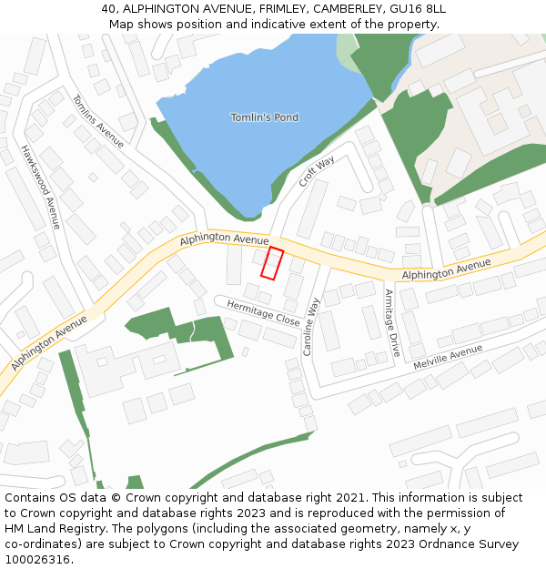 40, ALPHINGTON AVENUE, FRIMLEY, CAMBERLEY, GU16 8LL: Location map and indicative extent of plot