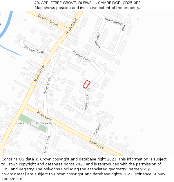40, APPLETREE GROVE, BURWELL, CAMBRIDGE, CB25 0BF: Location map and indicative extent of plot