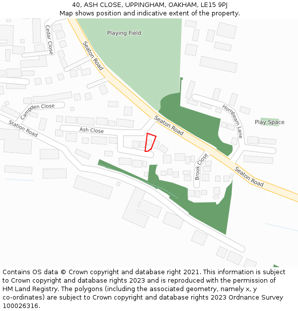 40, ASH CLOSE, UPPINGHAM, OAKHAM, LE15 9PJ: Location map and indicative extent of plot